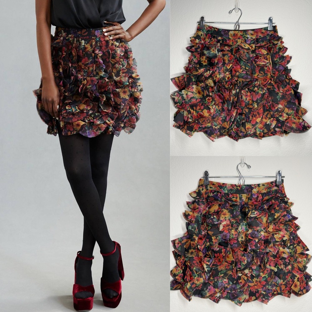 Anthropologie 3D Floral Ruffle Mini Skirt Multicolor Sz 4 Sm Whimsigoth Romantic